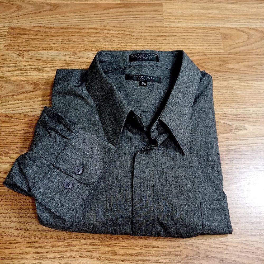 Domani Platinum Mens Dress Shirt Sz 18-34/35 Poly/Cotton Gray‎ Single Needle
